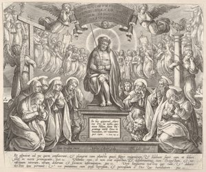 Mąż boleści z Trzema Mariami i Ewangelistami. autorstwa Adriaen Collaert