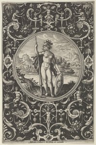 Minerwa w ozdobnej ramie z groteskami, z Sądu Paryskiego, ok. 1580-1600. autorstwa Adriaen Collaert
