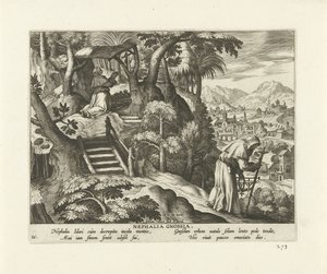 Nefalia z Knossos Nephalia Gnossia (tytuł na obiekcie) Pustelnik (tytuł serii) Solitvdo sive vitae foeminarvm anachoritarvm (tytuł serii) autorstwa Adriaen Collaert