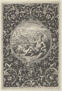 Neptun w ozdobnej ramie z groteskami, z Sądu Paryskiego, ok. 1580-1600. autorstwa Adriaen Collaert