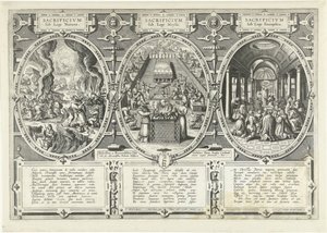 Oferty onder de wet van de natuur, onder de wet van Mozes en onder de wet van het Evangelie Ofiara pod Prawem Natury, Ofiara pod Prawem Mojżesza, Ofiara pod Prawem Ewangelii (tytuł na przedmiocie) autorstwa Adriaen Collaert