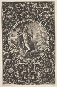 Paryż w ozdobnej ramie z groteskami, ca. 1580-1600. autorstwa Adriaen Collaert