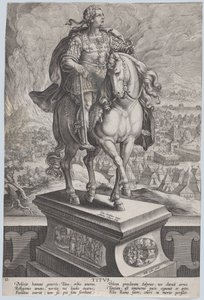 Ilustracja 11: Konny posąg Tytusa, widziany w trzech czwartych na prawo, Wezuw..., ca. 1587-89. autorstwa Adriaen Collaert