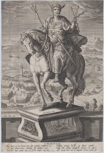 Ilustracja 4: Konny posąg Kaliguli, widziany w trzech czwartych w lewo, ubrany w ..., ca. 1587-89. autorstwa Adriaen Collaert