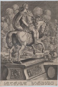 Ilustracja 6: Konny posąg Nerona, widziany od tyłu, Wielki Pożar Rzymu w..., ok. godz. 1587-89. autorstwa Adriaen Collaert
