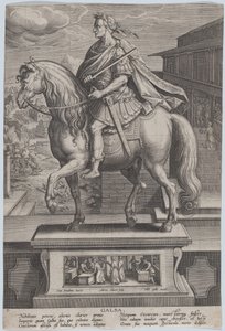 Tablica 7: konny posąg Galby, z profilu po lewej stronie, ze sceną ścięcia..., ok. godz. 1587-89. autorstwa Adriaen Collaert