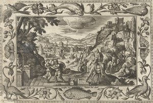 Rebeka i Eliezer przy studni Pejzaże ze scenami biblijnymi, mitologicznymi i polowaniami (tytuł serii) autorstwa Adriaen Collaert