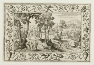 Podróż do Emaus, z pejzaży ze scenami ze Starego i Nowego Testamentu oraz scenami myśliwskimi autorstwa Adriaen Collaert