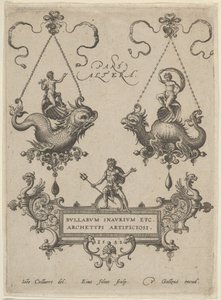 Tabliczka tytułowa z dwoma wisiorkami powyżej i Neptunem stojącym na kartuszu poniżej, 1582. autorstwa Adriaen Collaert