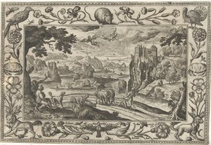 Upadek Ikara Pejzaże ze scenami biblijnymi, mitologicznymi i polowaniami (tytuł serii) autorstwa Adriaen Collaert