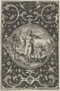 Wenus i Kupidyn w ozdobnej ramie z groteskami, z Sądu Paryskiego..., ok. 1580-1600. autorstwa Adriaen Collaert