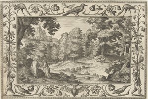 Pokusa na pustyni Pejzaże ze scenami biblijnymi, mitologicznymi i polowaniami (tytuł serii) autorstwa Adriaen Collaert