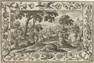 Lot do Egiptu Pejzaże ze scenami biblijnymi, mitologicznymi i polowaniami (tytuł serii) autorstwa Adriaen Collaert