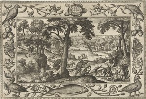 polowanie na dzika Pejzaże ze scenami biblijnymi, mitologicznymi i polowaniami (tytuł serii) autorstwa Adriaen Collaert