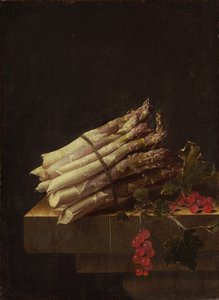 Martwa natura ze szparagami i czerwonymi porzeczkami
