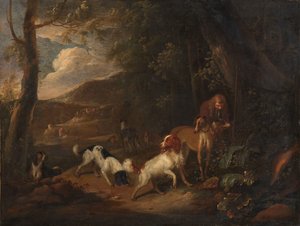 Hunter with Hounds at the Edge of a Wood   1393043   pl       polish Successfully Translated  Original: Woman Playing Music (recto); Krishna Stroking Radhas Feet (verso) Translat: Woman Playing Music (recto); Krishna Stroking Radha