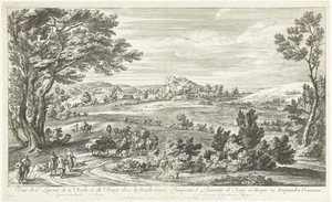 Gezicht op Saint Laurent de la Roche Widok St. Laurent de la Roche i Bourg w Franche-Comté (tytuł na obiekcie) autorstwa Adriaen Frans Boudewyns