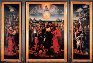 Tryptyk św. Pankracy - Obraz na drewnie autorstwa Adriaena Isenbranta (Adrien Ysenbrant, Ysenbrandt, Hysebrant) (1490-1551) Debiut z XVI wieku Wymiary 185x270 cm Genes, chiesa di san Pancrazio