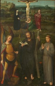 Ukrzyżowanie ze świętymi Michałem Archaniołem, Andrzejem i Franciszkiem z Asyżu 1510. autorstwa Adriaen Isenbrant