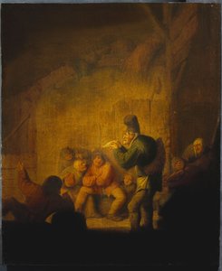 Wnętrze stodoły z błaznem raczącym swoich towarzyszy, ok. 1632 r. autorstwa Adriaen Jansz. van Ostade
