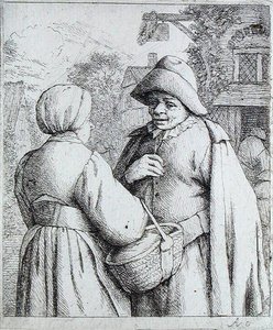 Rozmawiający mężczyzna i kobieta (grawerunek) autorstwa Adriaen Jansz. van Ostade
