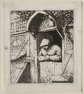 Chłop pochylony w jego drzwiach. autorstwa Adriaen Jansz. van Ostade