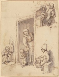 Arkusz studyjny z matką i jej córką w drzwiach wejściowych, dwóch chłopców siedzących. 1660s autorstwa Adriaen Jansz. van Ostade