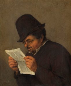 Stary chłop czytający gazetę, ok. 1647 (olej na dębie) autorstwa Adriaen Jansz. van school of Ostade