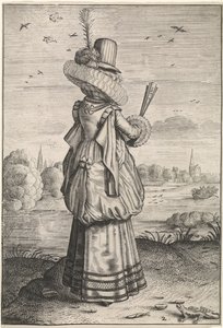 Ubiór i maniery szlachcianek i wieśniaczek Elegancka dama bij hagedis Kleding en omgeving van Nederlandse adellijke dames en boerinnen (tytuł serii) Zachowanie i kult Szlachetnych i Zardzewiałych Matron autorstwa Adriaen Matham (possibly)