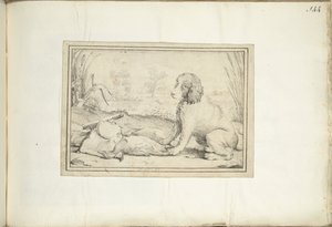 Pies obok sprzętu myśliwskiego i łupów w krajobrazie autorstwa Adriaen Matham (signed by artist)