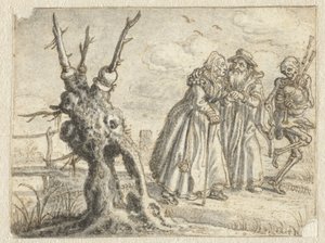 Starszy mężczyzna i kobieta chętnie podążają za śmiercią grając na dudach autorstwa Adriaen Pietersz van de Venne