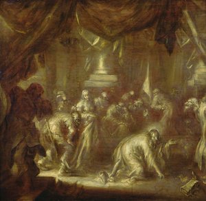 Jezus i cudzołożnica (grisaille na drewnie) autorstwa Adriaen Pietersz van de Venne