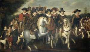 Książę Maurycy w towarzystwie swoich dwóch braci, Fryderyka V, elektora palatyna i hrabiów Nassau na koniu, ok. 1625 autorstwa Adriaen Pietersz van de Venne