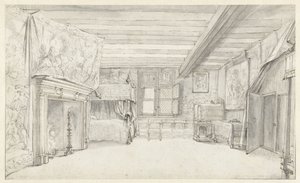 Widok na bogato urządzoną komnatę z łóżkiem z baldachimem autorstwa Adriaen Pietersz van de Venne