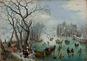 Pejzaż zimowy z łyżwiarzami w pobliżu zamku, 1615