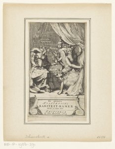Alegoryczne przedstawienie z Ojcem Czasem, Merkurym i Mądrością Wielka Sala Historyczna Ciekawostek Tom III i Ostatni (tytuł na obiekcie) Strona tytułowa dla: Simon de Vries, Najszlachetniejsze rabaty czasowe znających się na rzeczy umysłów lub Wielkie his autorstwa Adriaen Schoonebeek