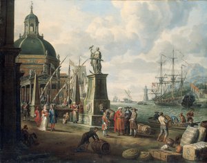 Capriccio śródziemnomorskiego portu z kupcami, elegancka para na nabrzeżu, przed posągiem Nadziei i barokowym kościołem, latarnią morską, holenderskim okrętem wojennym i innymi statkami dalej, 1700 autorstwa Adriaen Verdoel