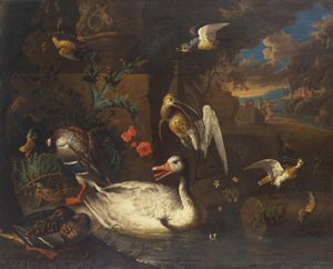 Dzikie ptactwo w pejzażu i postaciach (olej na płótnie) autorstwa Adriaen van Oolen