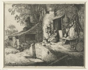 Wirująca kobieta przed domem Kręcąca się kobieta przy drzwiach autorstwa Adriaen van Ostade (signed by artist)