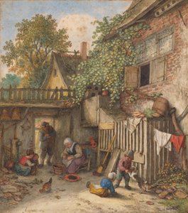 Dziedziniec, na którym kobieta czyści małże autorstwa Adriaen van Ostade