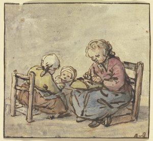 Trzy dziewczęta, najstarsza wyrabia koronkę klockową autorstwa Adriaen van Ostade