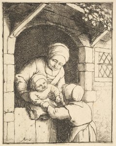Mała dziewczynka bawi się z dzieckiem w ramionach matki, 1610-85.
