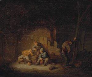 Chłopi siedzący i pijący w stodole z psem autorstwa Adriaen van Ostade