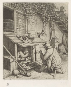 Szewc w sklepie przed domem i klientem autorstwa Adriaen van Ostade