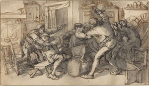 Chłopi walczący w karczmie autorstwa Adriaen van Ostade and Cornelis Dusart