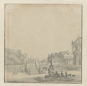 Dziedziniec pałacu z fontanną autorstwa Adriaen van de Velde (possibly)
