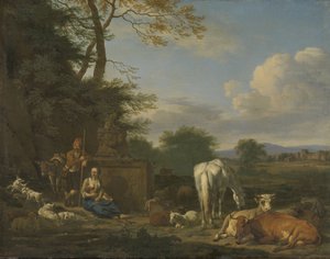Arkadyjski pejzaż z odpoczywającymi pasterzami i zwierzętami, 1664 (olej na płótnie na desce) autorstwa Adriaen van de Velde