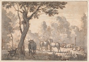 Zalesiony krajobraz z końmi, krowami i kozami autorstwa Adriaen van de Velde