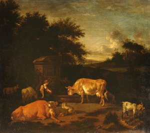 Pasterka i poganiacz ze swoimi stadami przy klasycznej fontannie w zalesionym krajobrazie autorstwa Adriaen van de Velde