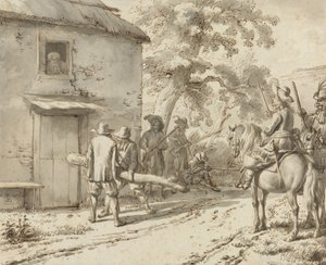 Żołnierze wyważają drzwi, 1669 (rysunek piórem i atramentem) autorstwa Adriaen van de Velde